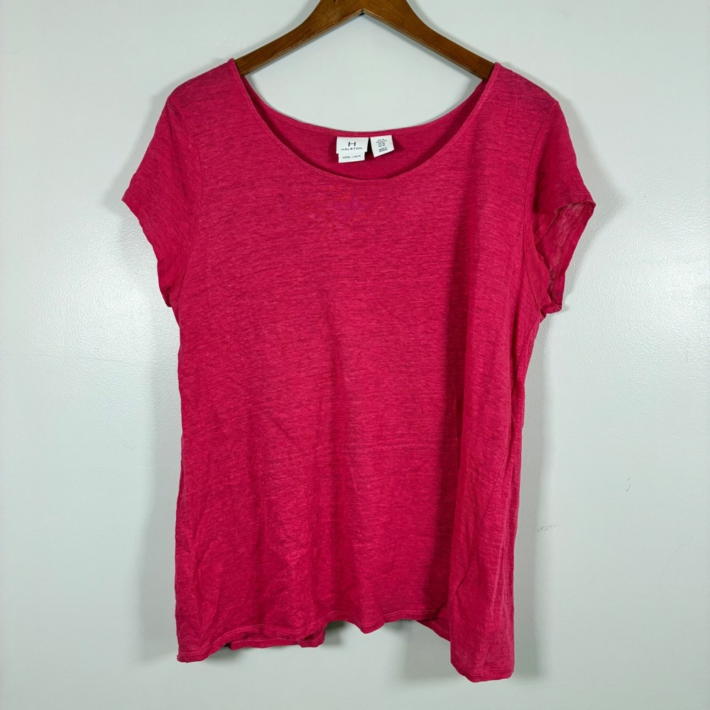 Halston Top XL Pink Linen Crossover Tulip Back Coastal Barbiecore Slub Knit